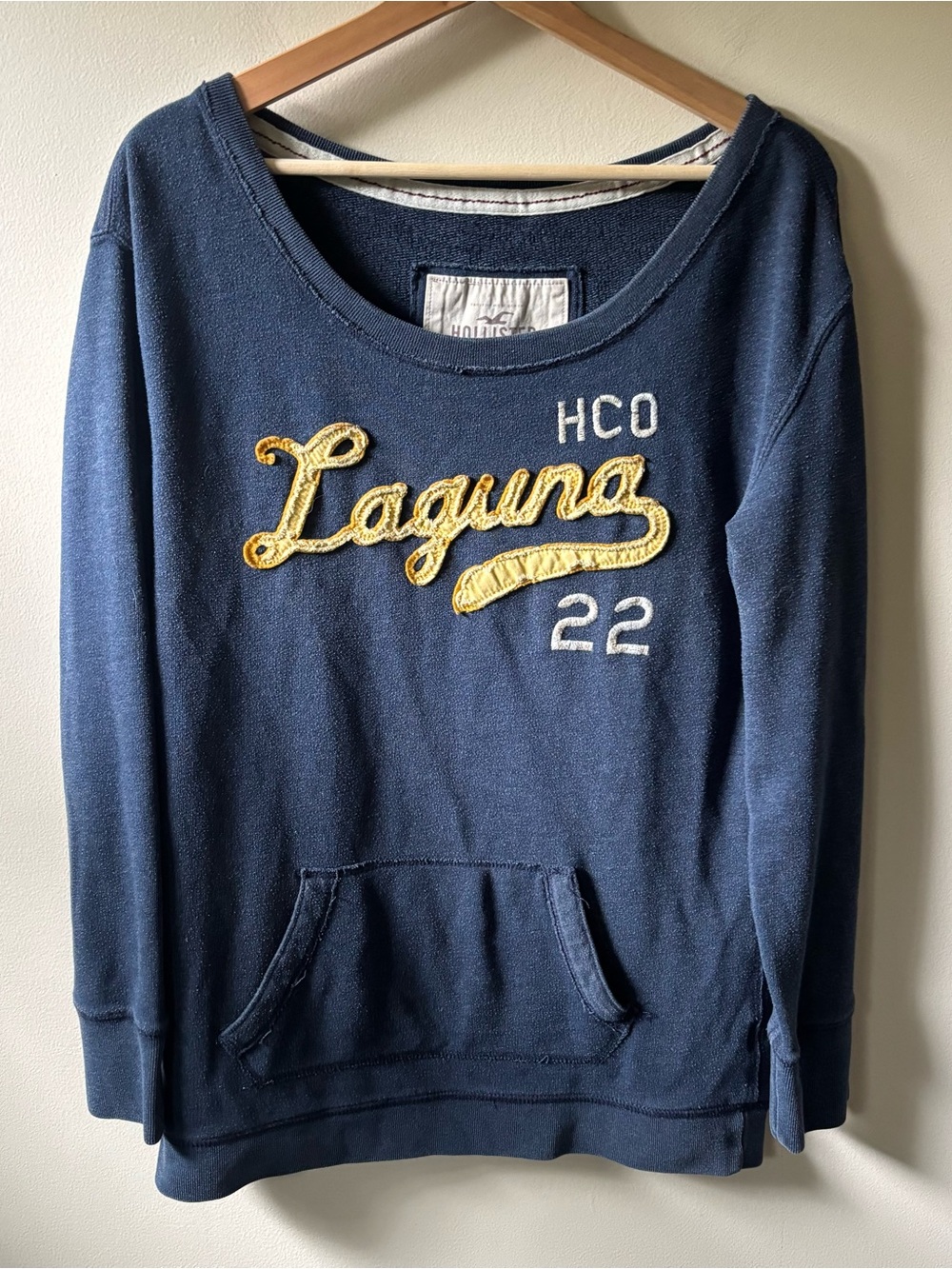 Hollister Navy Pullover Sweatshirt with Yellow Lettering